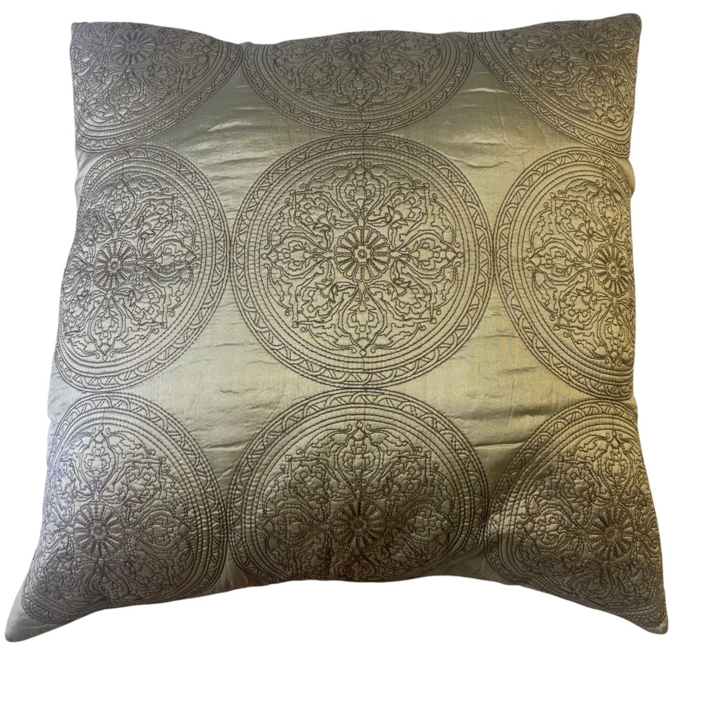 Champagne Gold Embroidered Medallion Silk Throw Pillow with Feather Insert 17x17